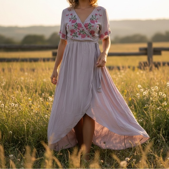 JessaKae Dresses & Skirts - Jessakae Embroidered Hi Low Wrap Dress SIZE LARGE